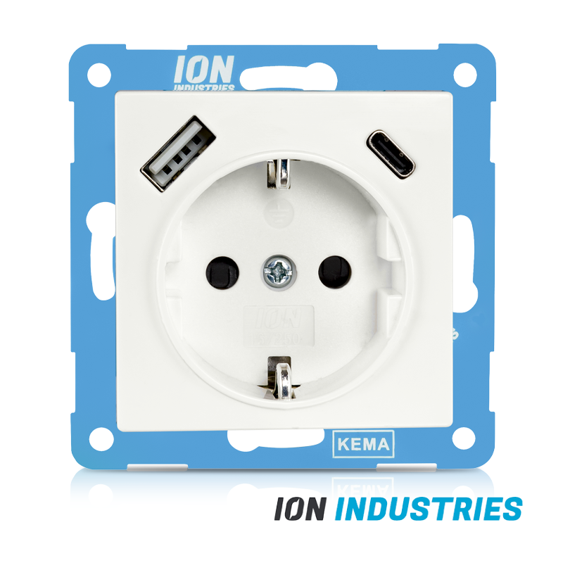 ION INDUSTRIES | Wandcontactdoos RA USB A + USB C met Aanraakbeveiliging V1/J1 Alpin Wit