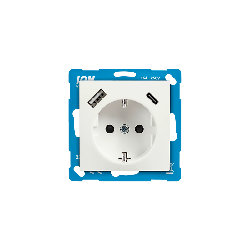 ION Industries | Wandcontactdoos RA USB A + USB C met Aanraakbeveiliging E1 Mat Alpin Wit